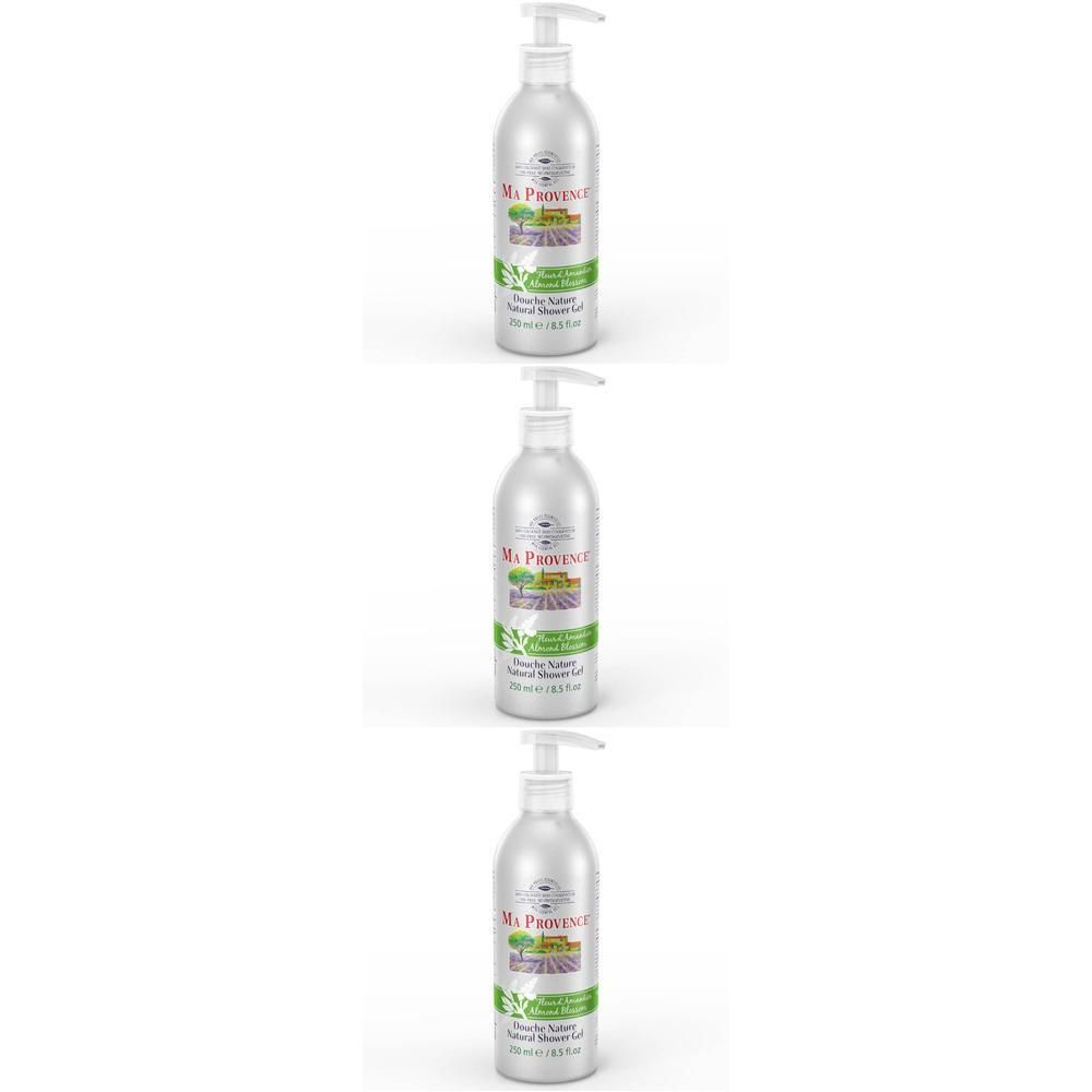 Trois flacons de gel douche Fleur d'Amandier, avec pompes.