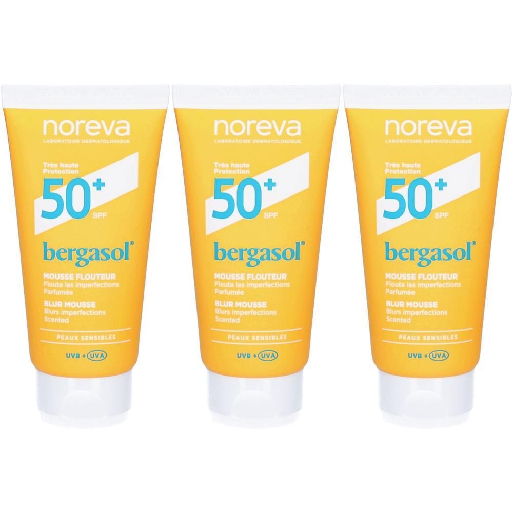 Trois tubes Noreva Bergasol Mousse SPF50+ au design jaune et bouchon blanc. Indique un indice de protection solaire 50+.