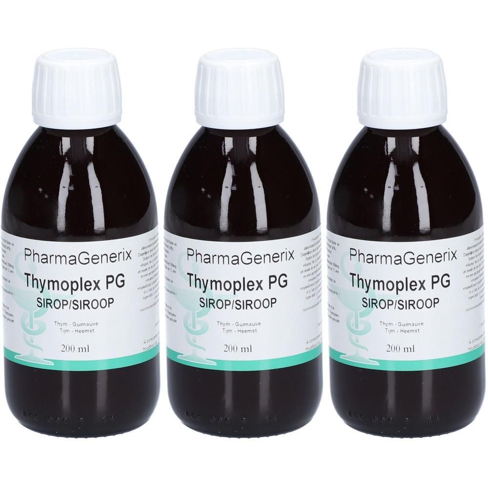 Drie flessen PharmaGenerix Thymoplex PG Siroop, elk 200 ml.