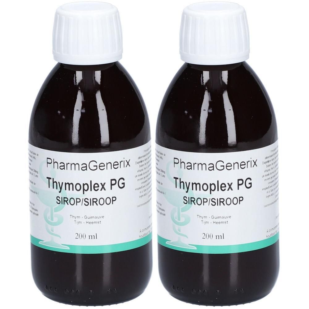 Twee flessen PharmaGenerix Thymoplex PG siroop, elk 200 ml.