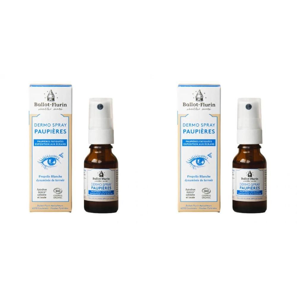Twee flacons Dermo Spray Paupières met spuitmonden en doosjes. Bruine glazen flesjes met witte doppen.
