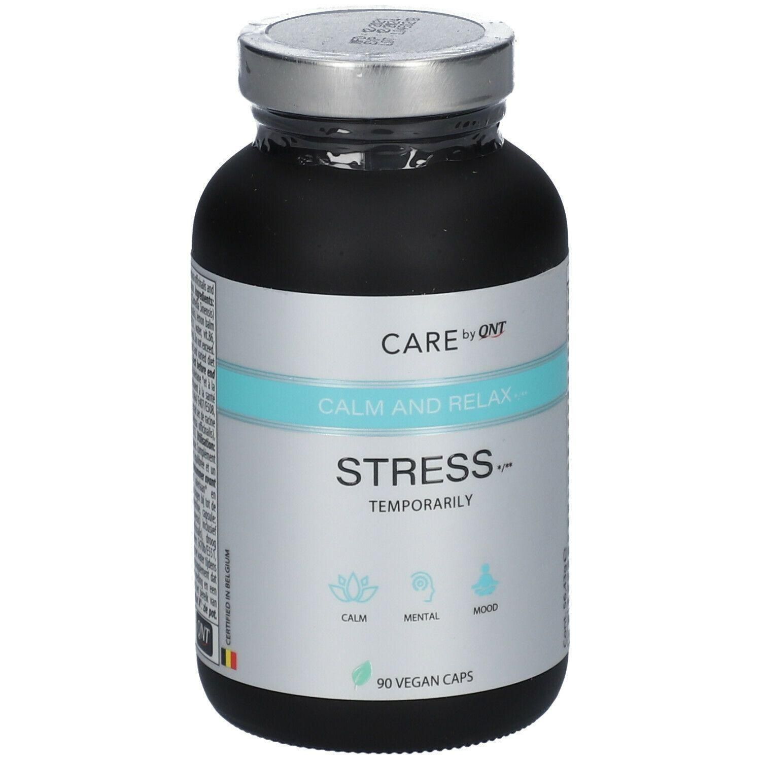 Zwarte pot CARE by QNT Stress Temporarily. Bevat 90 vegan capsules.