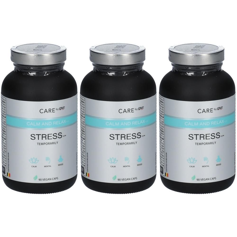 Trois flacons de Care by QNT Stress Temporarily, 90 gélules végétales par flacon.