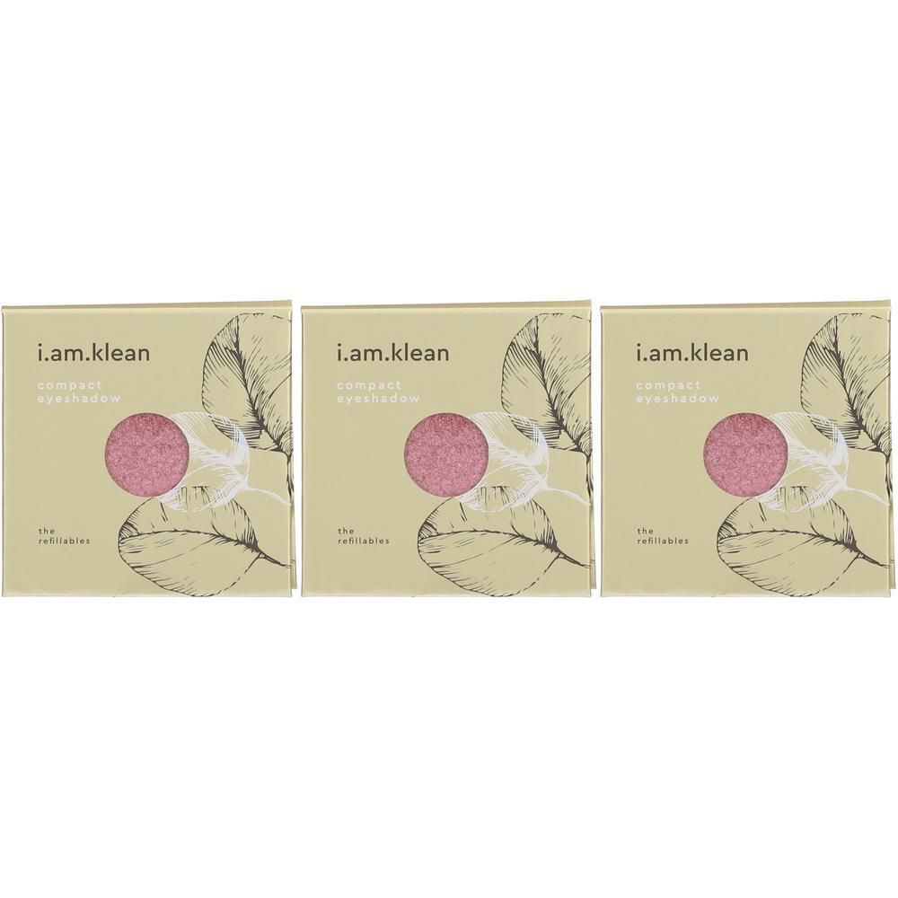 Trois fards à paupières compacts i.am.klean roses sur emballage cartonné avec motif de feuilles.