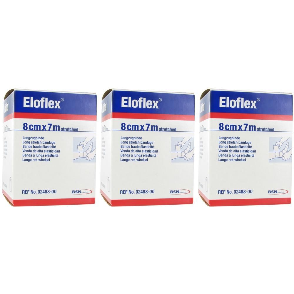 Bande élastique Eloflex, 8cm x 7m, blanche avec inscriptions bleues et rouges.