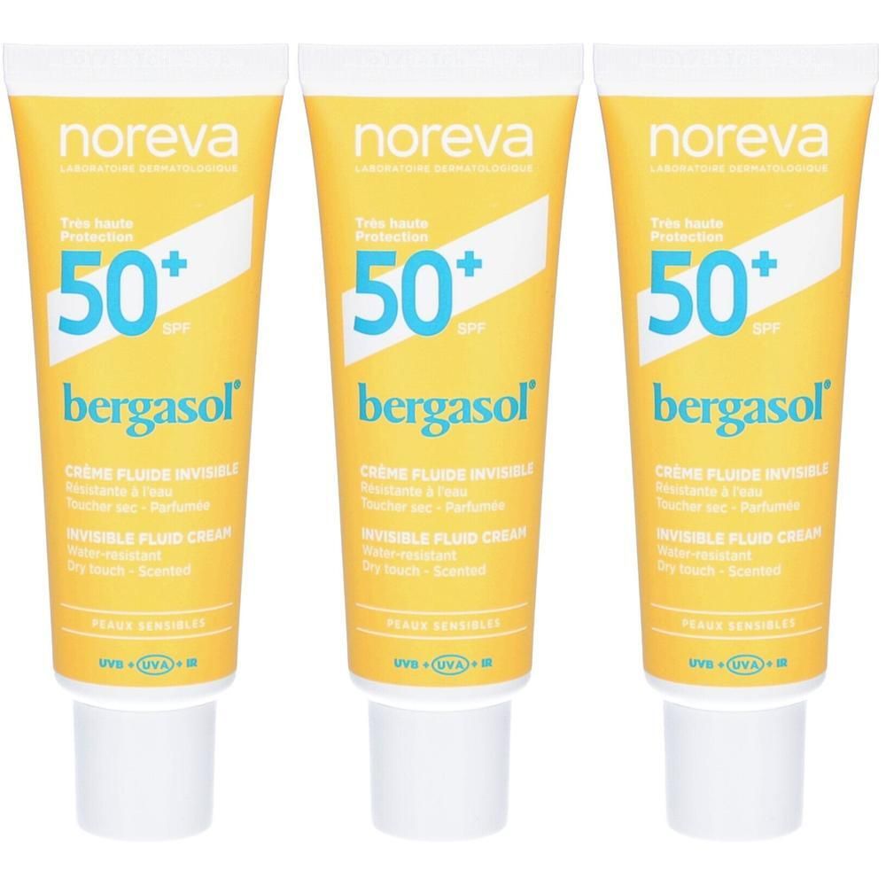 Drie Noreva Bergasol Invisible Fluid Cream SPF50+ tubes. Gele verpakking met blauwe en witte accenten.