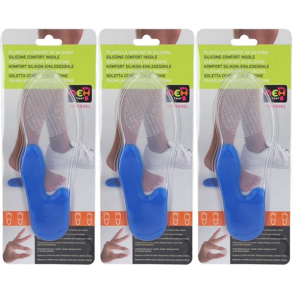 Trois paires de semelles intérieures bleues en silicone dans leur emballage. Pointure 39-42.