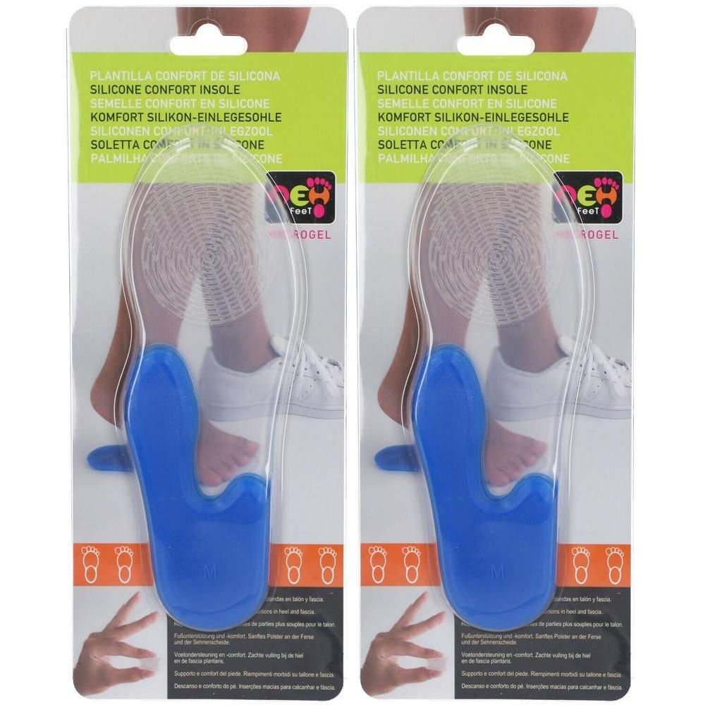 Deux paires de semelles intérieures bleues en silicone avec soutien du talon, emballées.