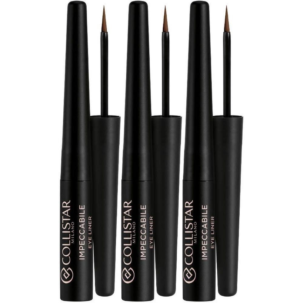 Drie zwarte flacons met bruine vloeibare eyeliner, applicator zichtbaar.