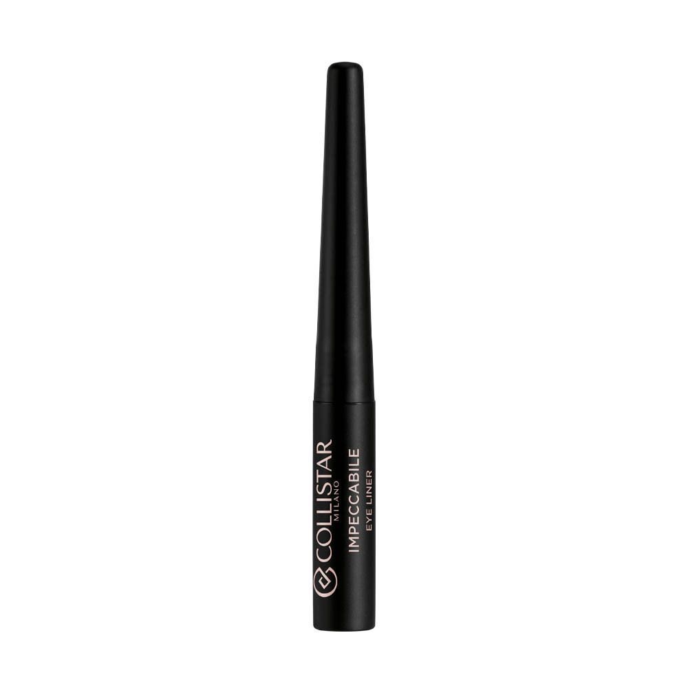 Zwarte flacon met bruine vloeibare eyeliner, applicator zichtbaar.