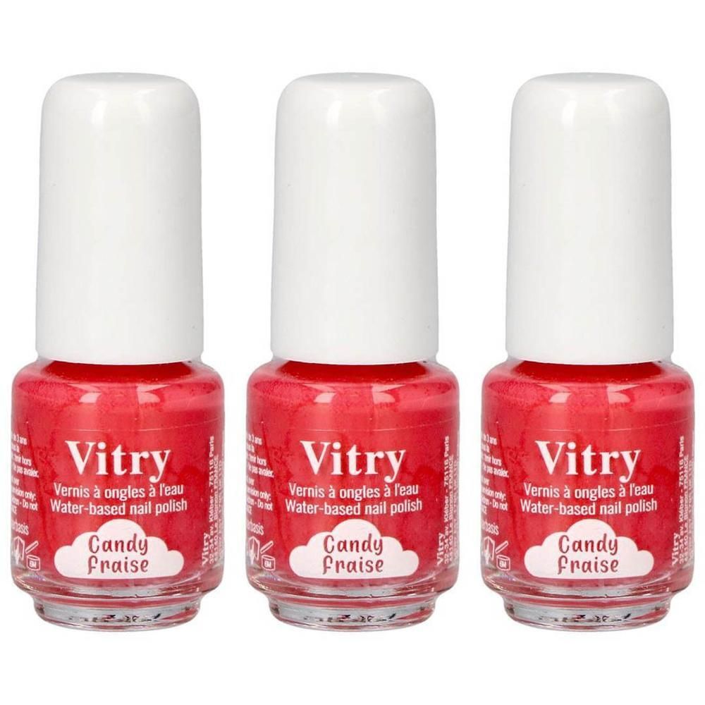 Trois flacons de vernis à ongles Vitry Candy Fraise avec bouchons blancs.