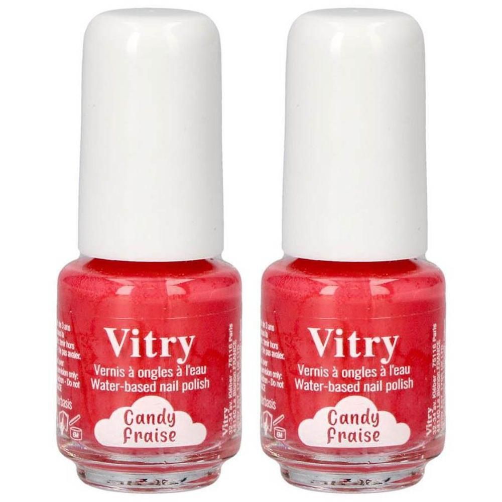 Twee flesjes rode nagellak met witte dop. Merk: Vitry. Soort: Candy Fraise.