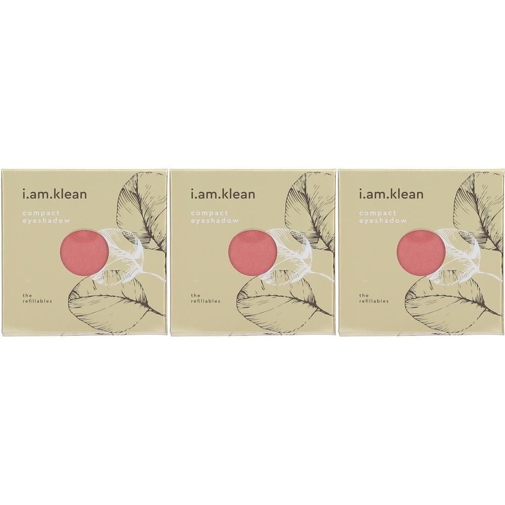 Trois fards à paupières compacts i.am.klean roses sur emballage beige avec motif de feuilles.