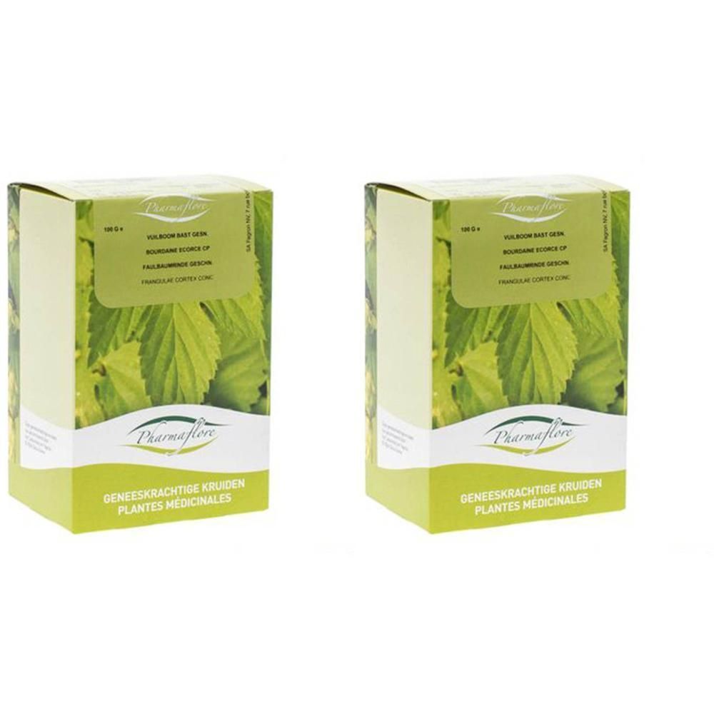 Twee pakken Pharmaflore Bourdaine schors gesneden, met groene bladeren.