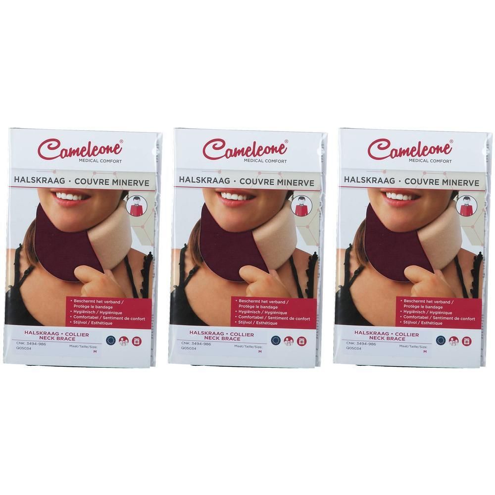 Trois paquets d'une minerve Cameleone avec rembourrage bordeaux et beige. L'emballage montre une femme portant le produit.