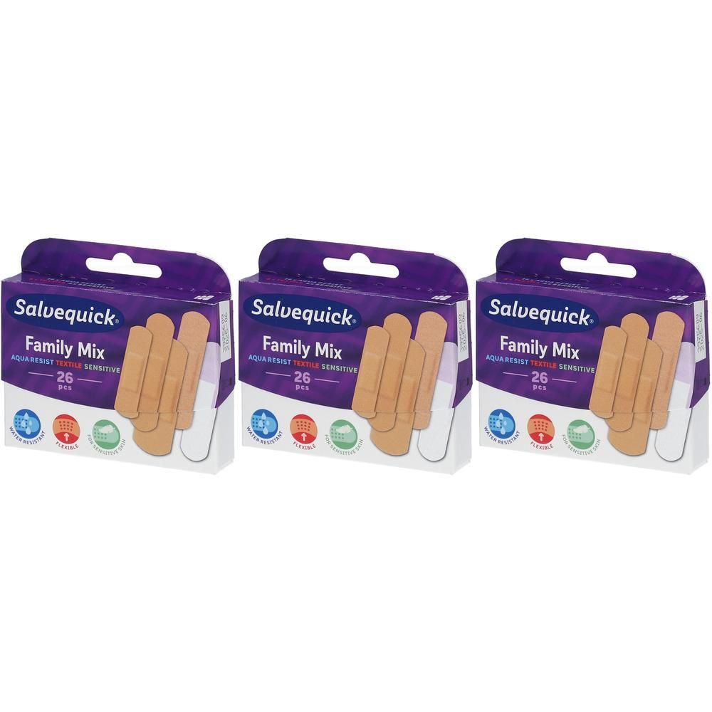 Drie pakken Salvequick Family Mix pleisters, 26 stuks per pak. Huidskleur, waterbestendig.