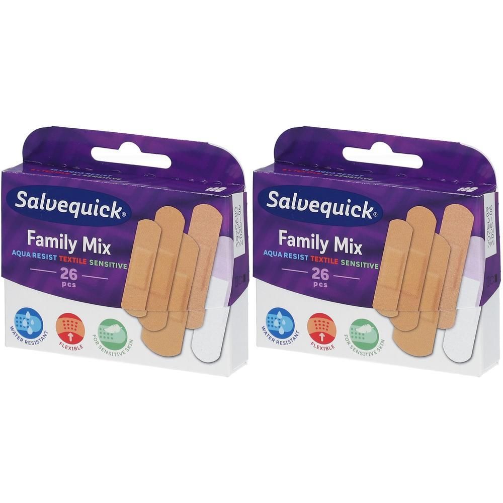 Deux boîtes de pansements Salvequick Family Mix, 26 pièces chacune. Résistants à l'eau, flexibles, pour peaux sensibles.