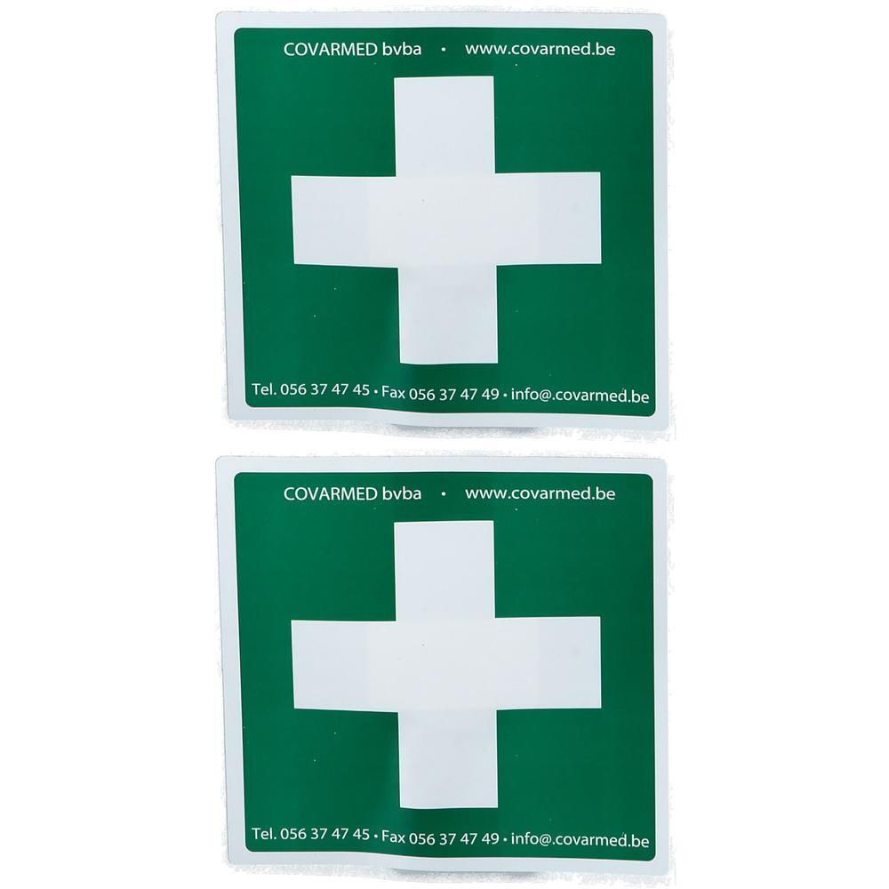 Groene sticker met wit kruis en contactgegevens van Covarmed.