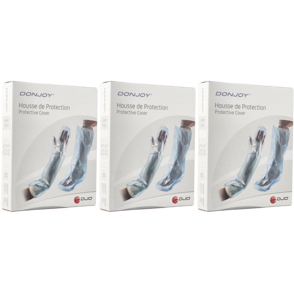 Trois boîtes de housses de protection pour bras DonJoy. Chaque boîte présente une illustration de la housse.