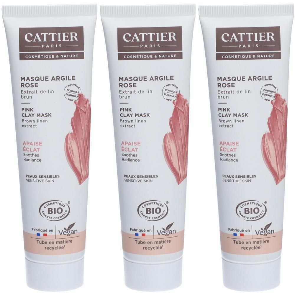 Drie tubes Cattier Roze Klei Masker met bruin lijnzaadextract. Voor gevoelige huid.