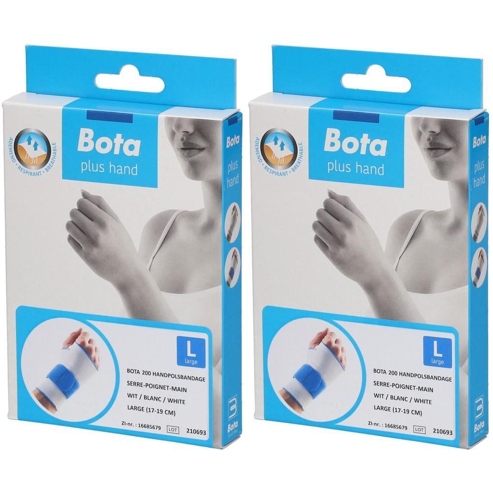 Deux paquets de Bota Plus Hand, bandage poignet, taille L, blanc.