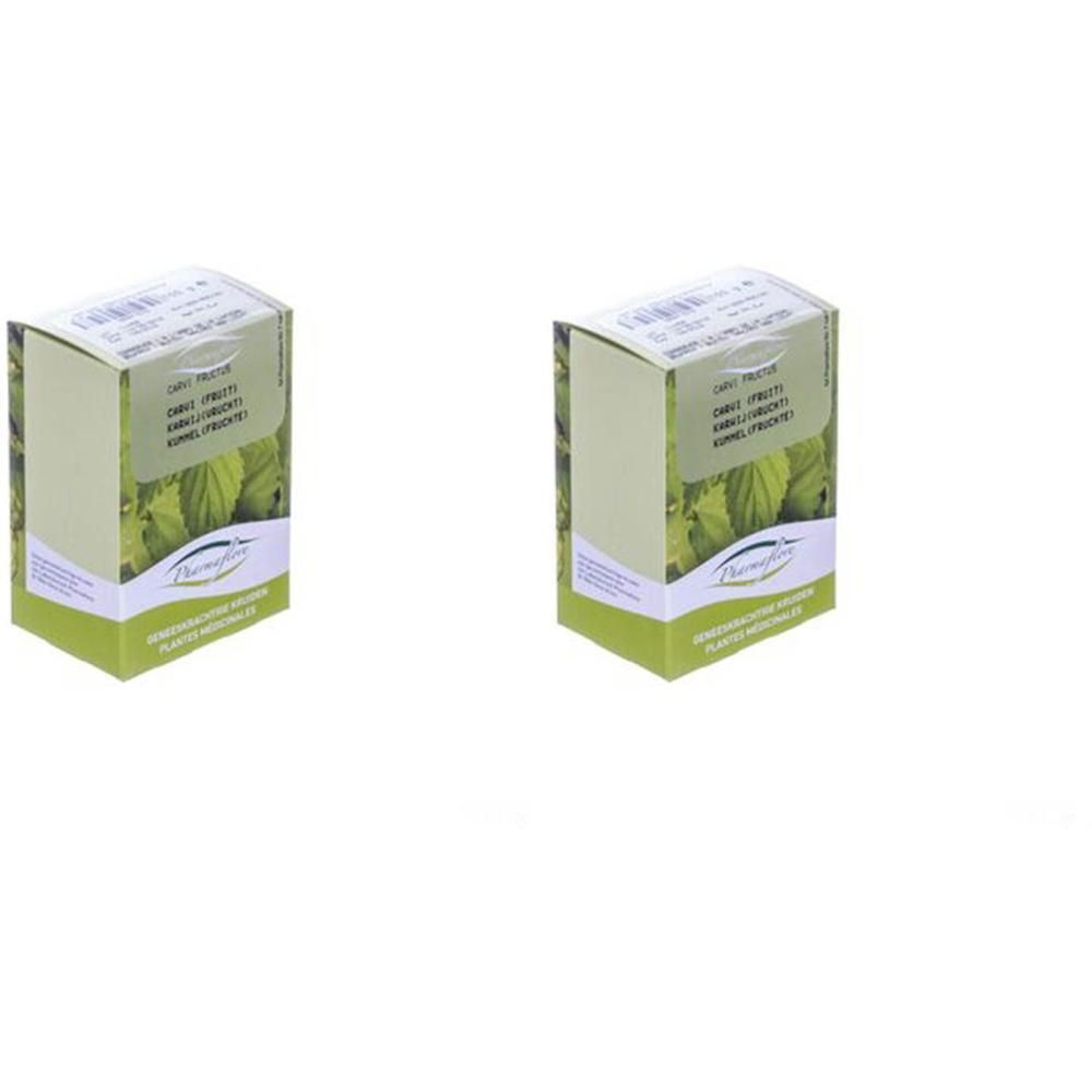 Twee pakken Pharmaflore Carvi Fruit met groene bladeren op de verpakking.