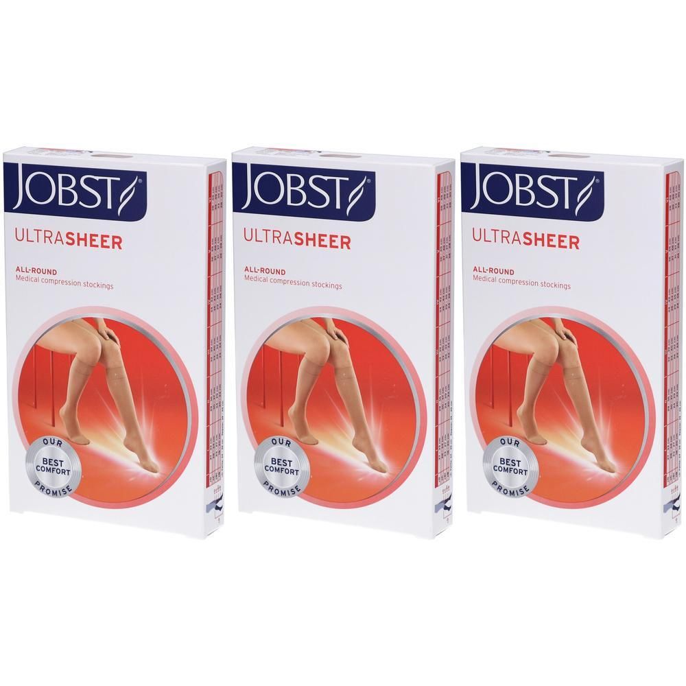 Trois boîtes de bas de compression JOBST Ultrasheer, beige, avec image de jambe.