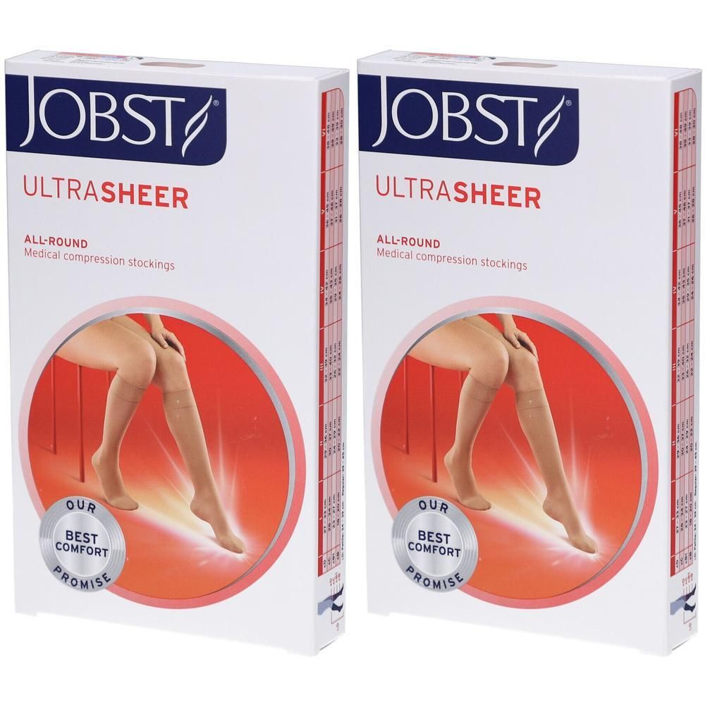 Deux boîtes de bas de compression JOBST Ultrasheer. Montre des bas couleur chair sur des jambes.