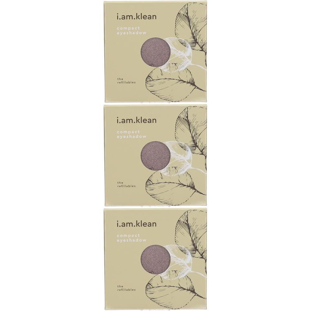 Trois fards à paupières compacts i.am.klean couleur Gravel, chacun dans une boîte en carton avec motif de feuilles.