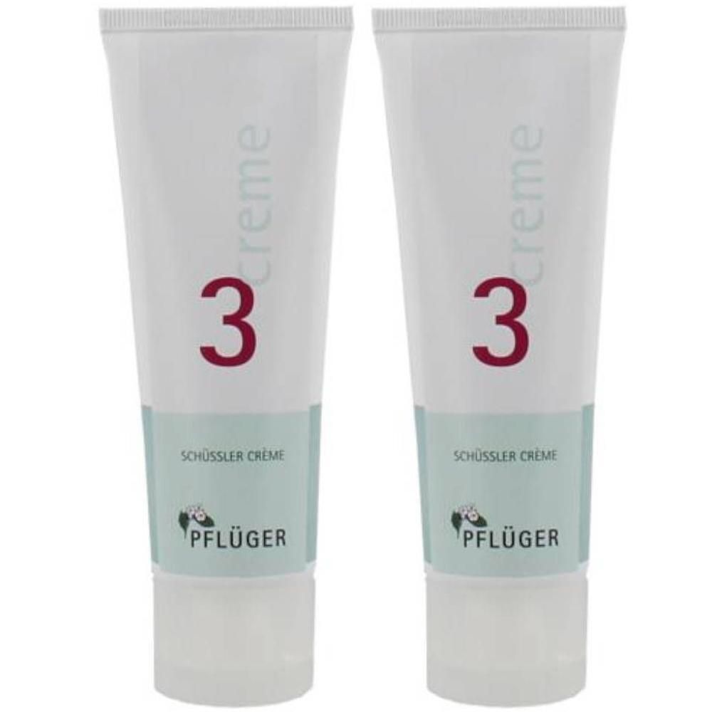 Deux tubes de Crème Schüssler N°3 de Pflüger. Tubes blancs avec bande turquoise et chiffre 3 rouge.