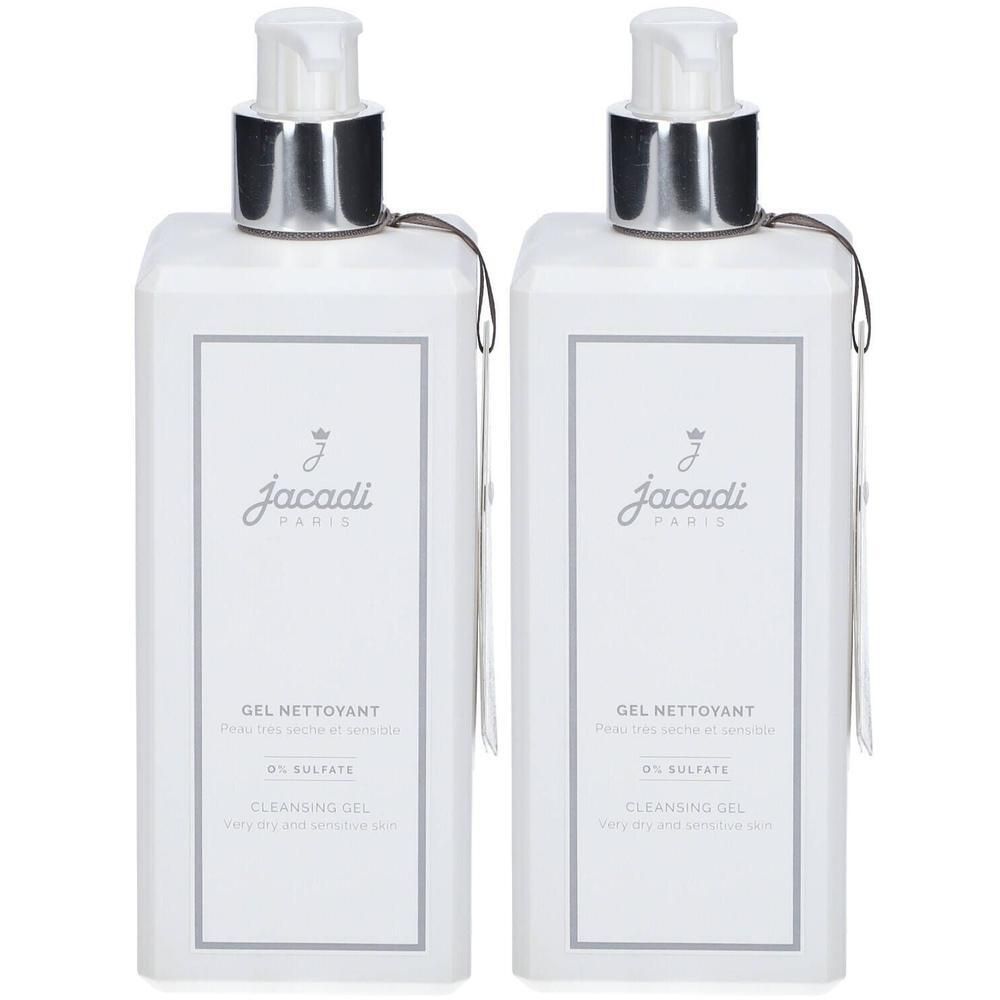 Twee witte flessen Jacadi Cleansing Gel met pompdoseerders. Tekst: "GEL NETTOYANT".