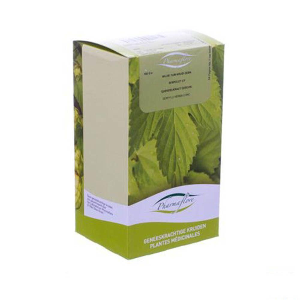 Emballage de tisane Pharmaflore Serpolet Coupé avec feuilles et houblon. Contient du texte allemand et français.
