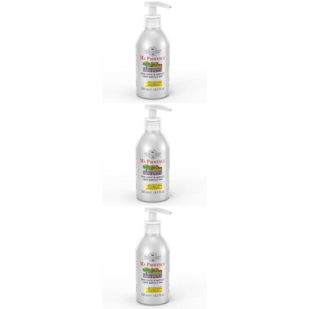 Drie zilverkleurige pompflesjes met vloeibare zeep, etiket met citroenbloesemafbeelding.