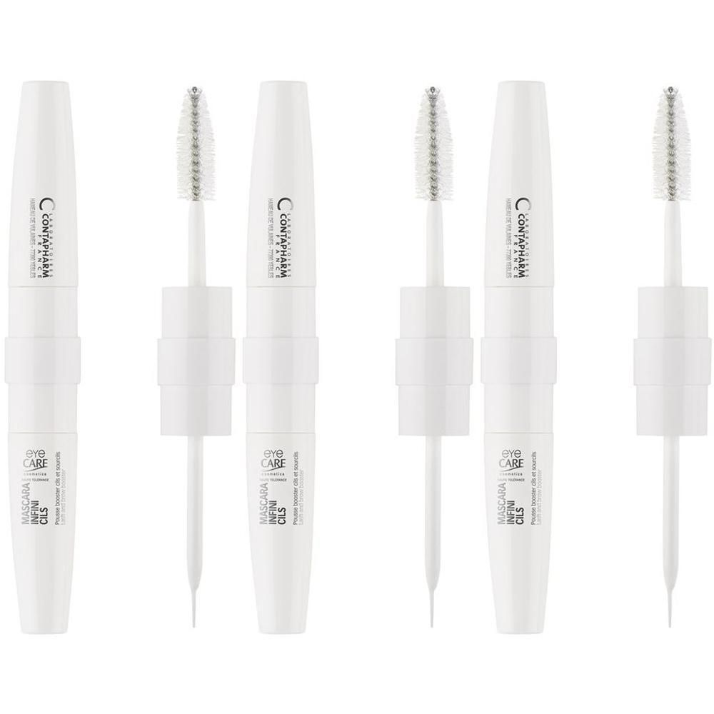 Deux applicateurs blancs de mascara avec brosse et pointe de liner. Inscription : EYE CARE INFINI-CILS.