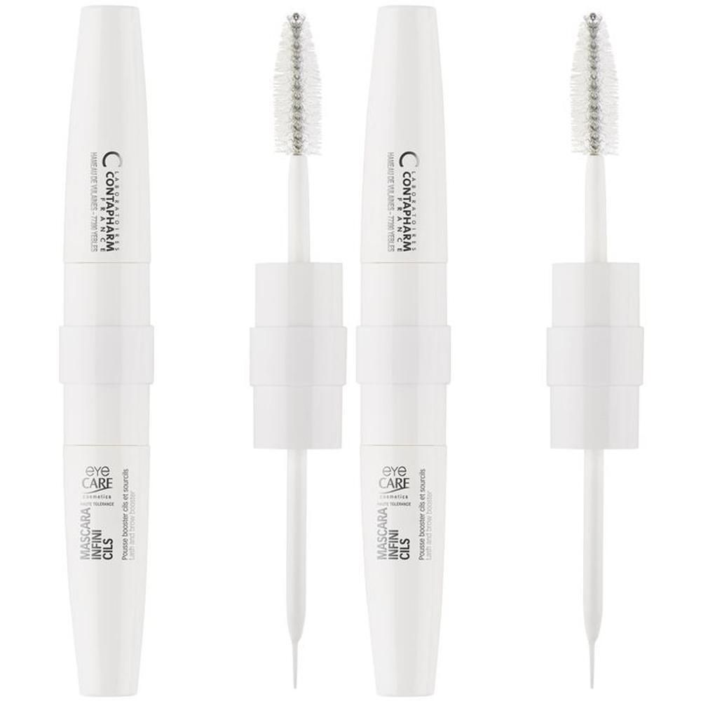 Twee witte mascara-applicators met borstels en punten. Eén applicator is geopend.