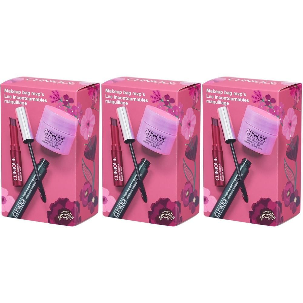 Coffret maquillage Clinique avec rouge à lèvres, mascara et crème dans un emballage rose à motifs floraux.