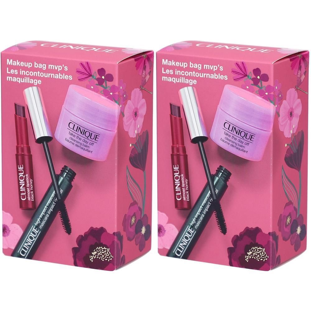 Coffret Clinique contenant rouge à lèvres, mascara et crème hydratante dans un emballage rose à motifs floraux.