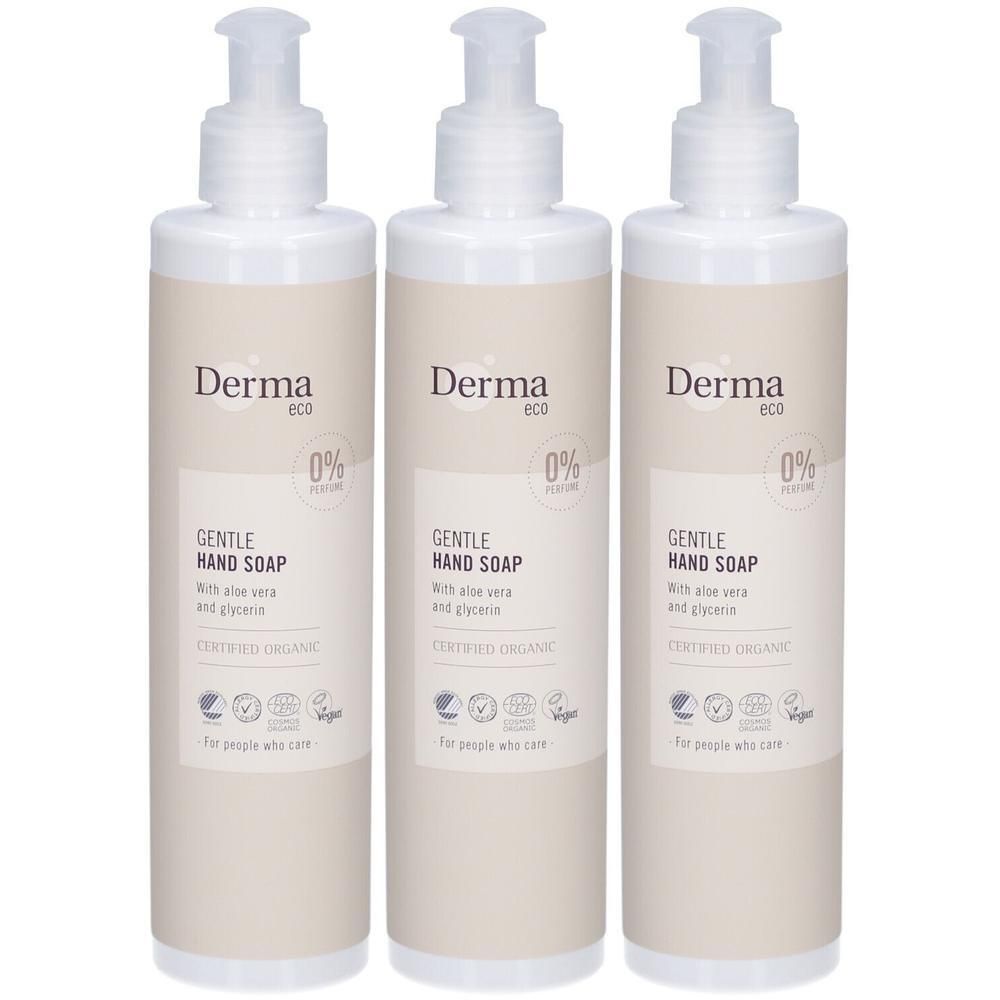Drie flessen Derma Eco Gentle Hand Soap met pompdispensers. 0% parfum. Gecertificeerd biologisch.
