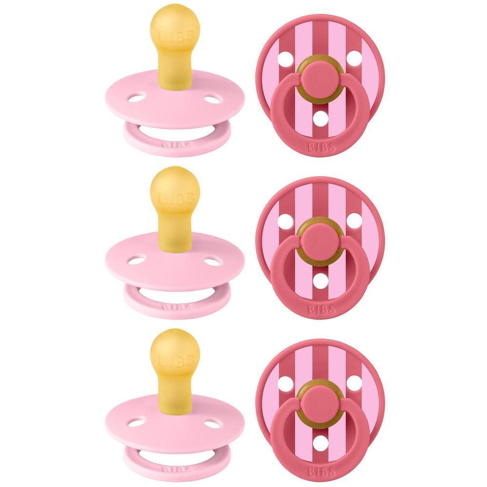 Trois sucettes BIBS roses à tétine jaune et trois sucettes BIBS rayées à tétine rose.