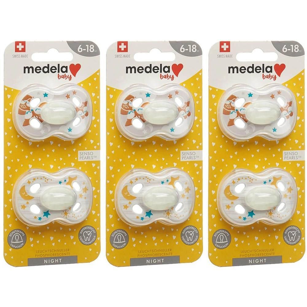 Drie Medela Baby Nacht speentjes, 6-18 maanden, met lichtgevende sterren en manen.