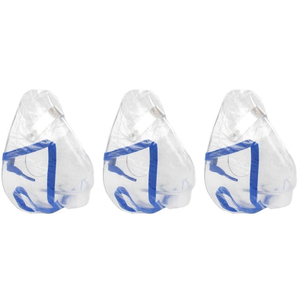 Drie transparante aerosolmaskers voor kinderen met blauwe banden.