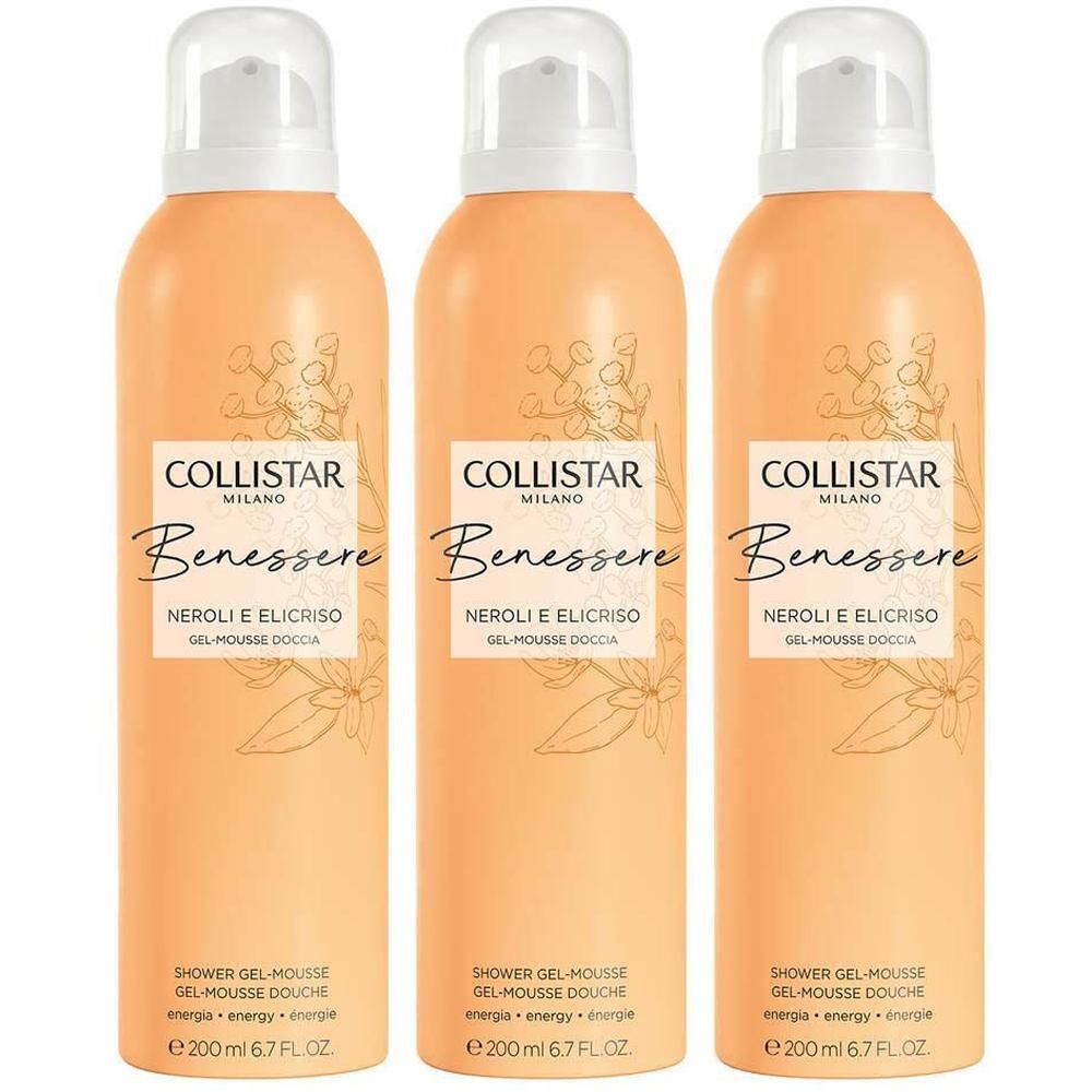 Trois flacons de mousse de douche Collistar avec des étiquettes indiquant Neroli et Helichrysum.
