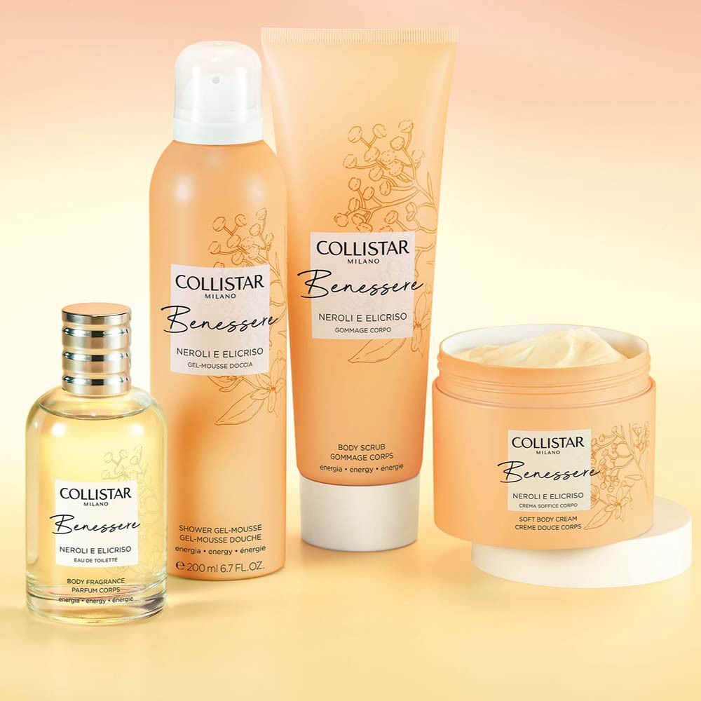 Gel-mousse douche, gommage corps, crème corps et eau de toilette Collistar Benessere.
