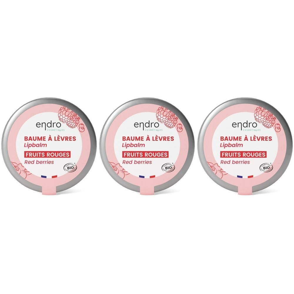 Trois boîtes de baume à lèvres Endro, saveur fruits rouges. Boîtes rondes en métal avec étiquette rose.
