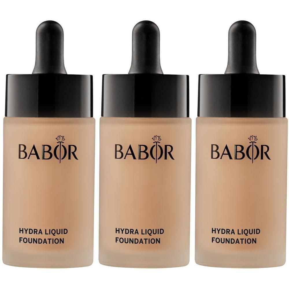 Drie Babor Hydra Liquid Foundation flesjes met druppeldop.