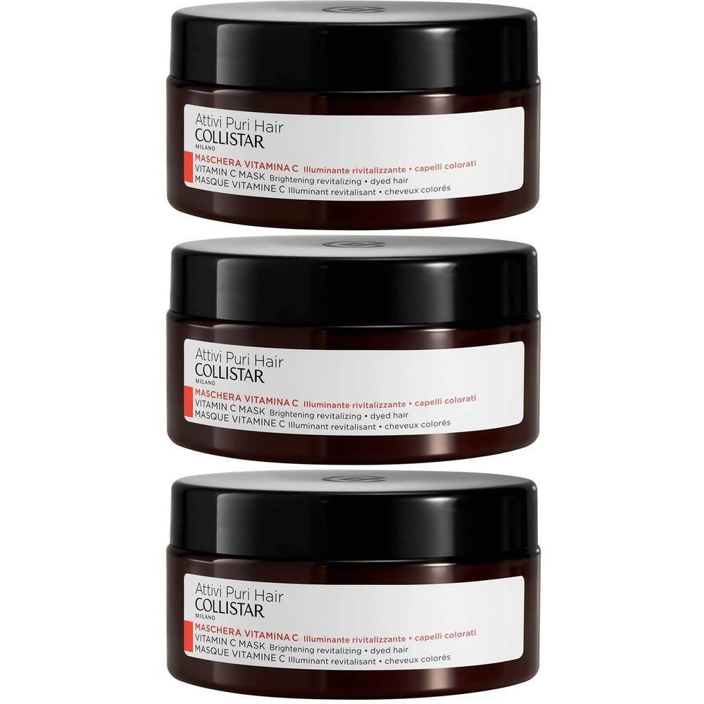 Trois pots de Masque Vitamine C Collistar avec couvercles noirs et étiquettes blanches.
