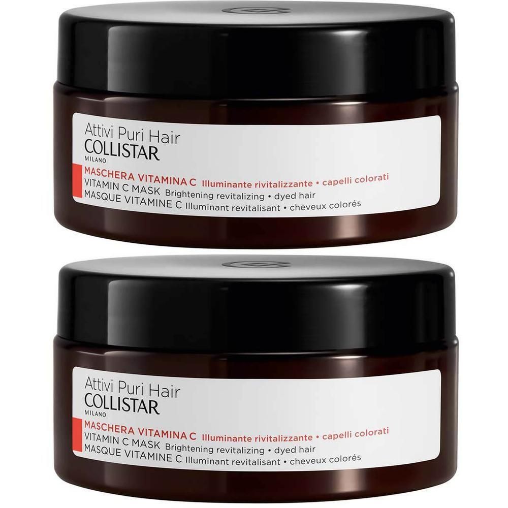 Deux masques Collistar Attivi Puri Hair Vitamine C dans des pots bruns avec étiquettes blanches.