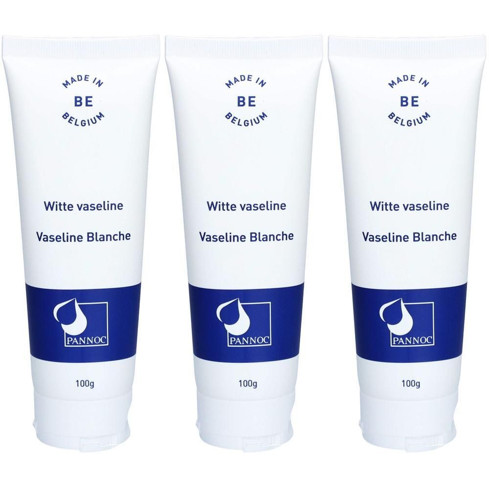 Trois tubes de vaseline blanche PANNOC, 100g chacun. Fabriqué en Belgique.