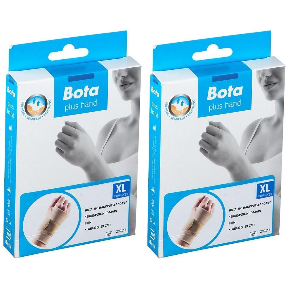 Deux paquets de Bota Plus Hand, bandage poignet taille XL. Le bandage est beige avec des fermetures velcro.