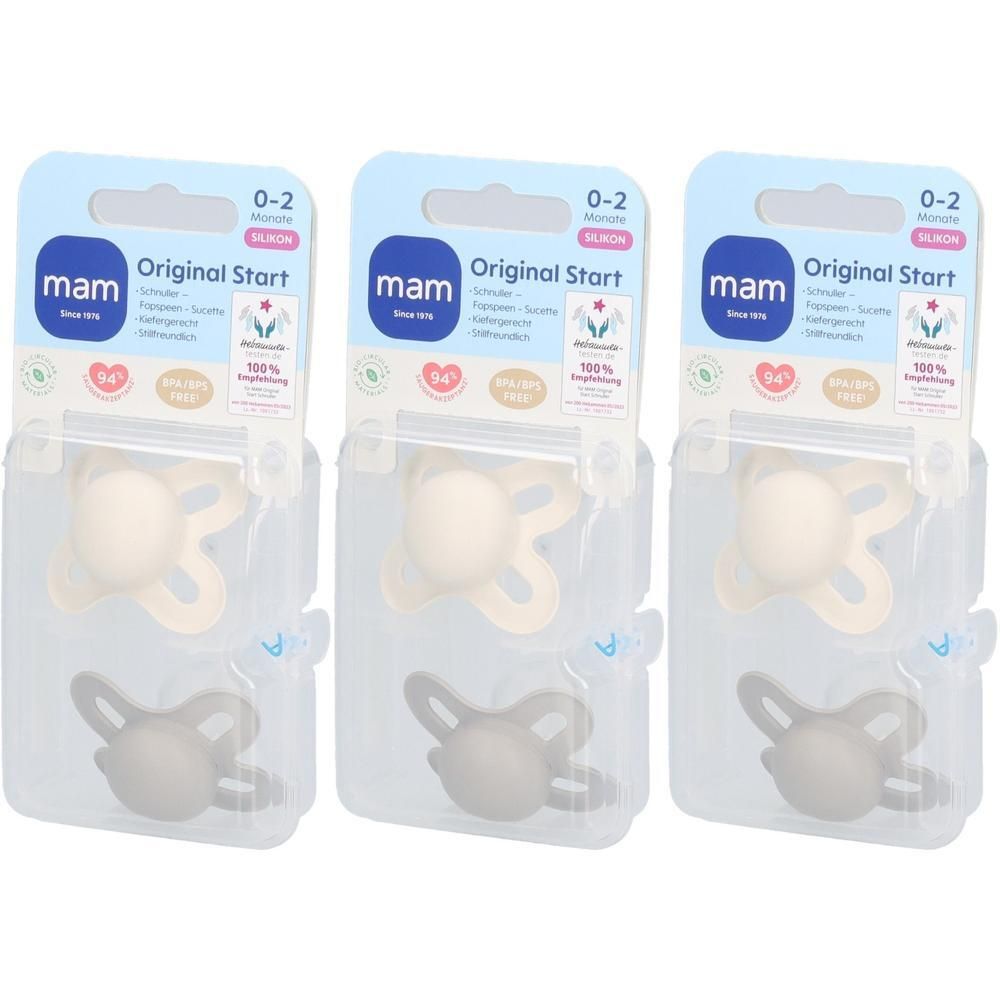 Drie MAM Original Start siliconen fopspeentjes voor 0-2 maanden, elk in een blisterverpakking.